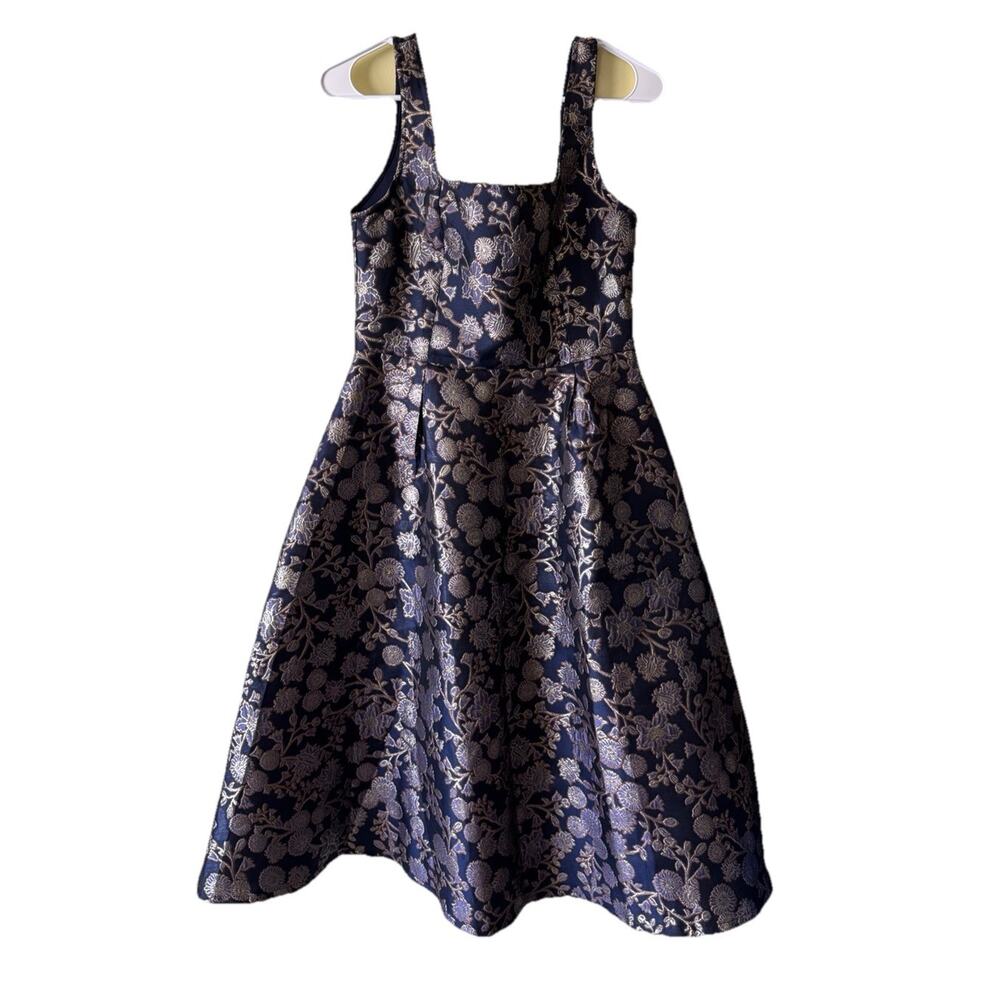 Francesca's Blue Gold Floral Metallic Sleeveless Midi Fit & Flare A-line Dress S